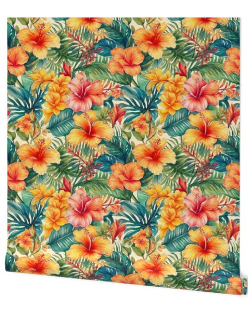Bright Vintage Hawaiian Hibiscus Watercolor in Coral and Pink Wallpaper