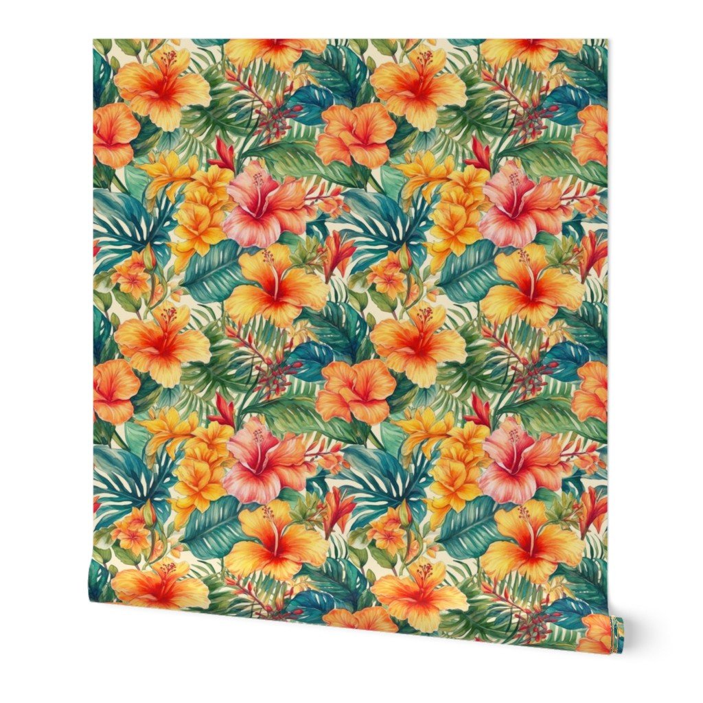 Bright Vintage Hawaiian Hibiscus Watercolor in Coral and Pink Wallpaper