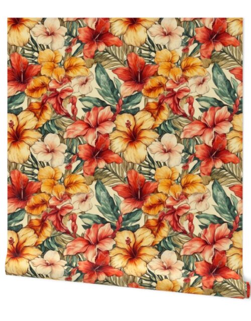 Soft  Vintage Hawaiian Hibiscus Watercolor in Coral and Cream Wallpaper