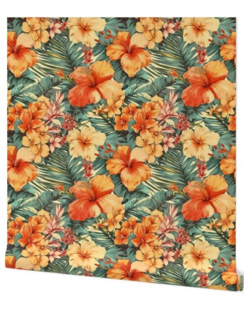 Bright Vintage Hawaiian Hibiscus Watercolor in Coral and Peach Wallpaper
