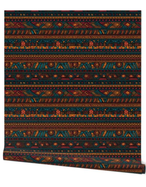 Tribal Mudcloth Boho Ethnic Print in Brown, Teal, Burgundy and Orange Wallpaper