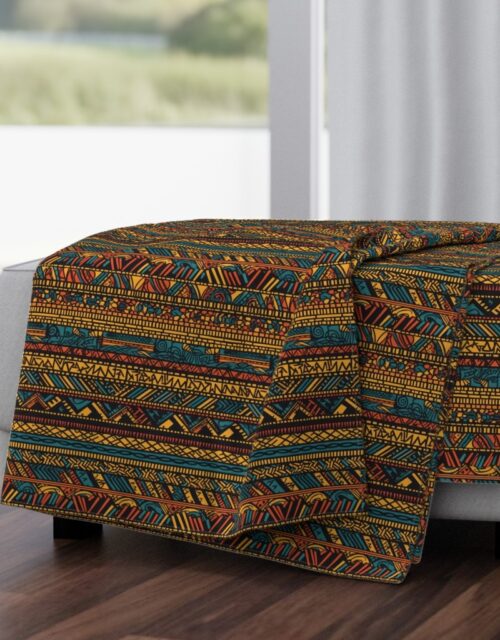 Tribal Mudcloth Boho Ethnic Print in Gold, Teal, Brown and Orange Throw Blanket