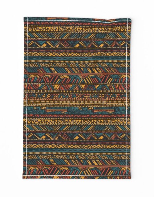 Tribal Mudcloth Boho Ethnic Print in Gold, Teal, Brown and Orange Tea Towel