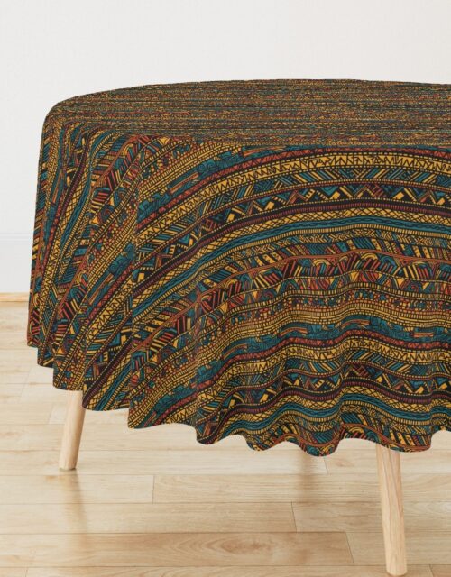 Tribal Mudcloth Boho Ethnic Print in Gold, Teal, Brown and Orange Round Tablecloth