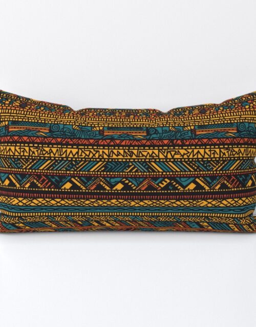 Tribal Mudcloth Boho Ethnic Print in Gold, Teal, Brown and Orange Lumbar Throw Pillow