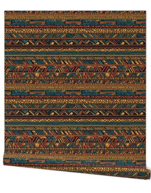 Tribal Mudcloth Boho Ethnic Print in Gold, Teal, Brown and Orange Wallpaper