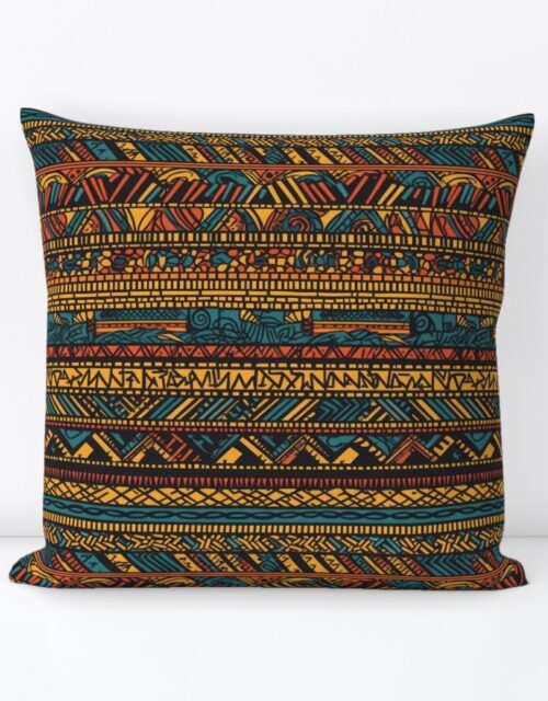 Tribal Mudcloth Boho Ethnic Print in Gold, Teal, Brown and Orange Square Throw Pillow