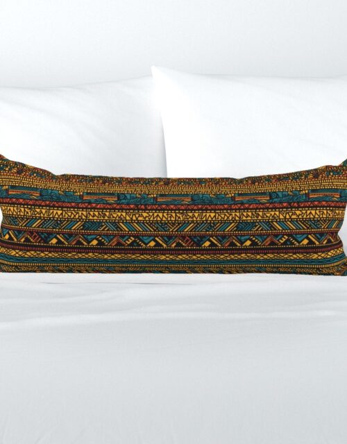 Tribal Mudcloth Boho Ethnic Print in Gold, Teal, Brown and Orange Extra Long Lumbar Pillow