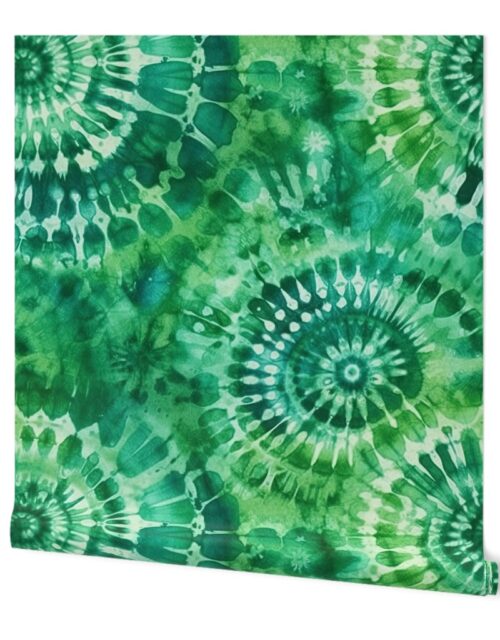 Jumbo Tie Dye Batik in Bright Green Circling Swirls on Teal Wallpaper