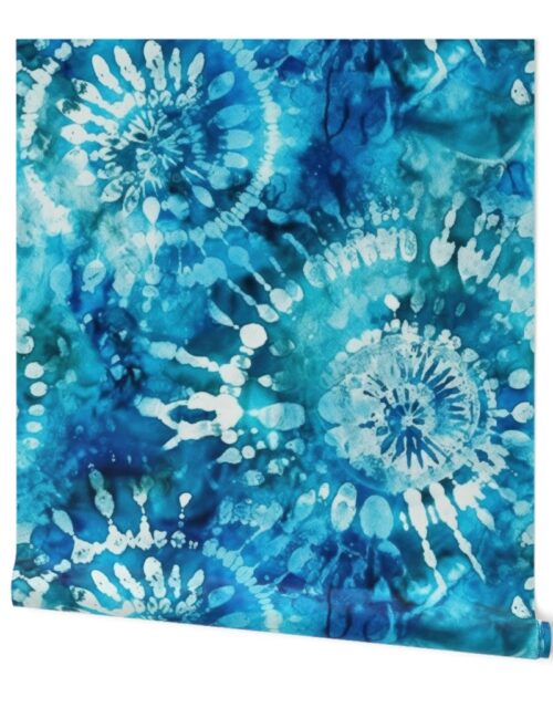 Jumbo Tie Dye Batik in Bright Blue Circling Swirls on Teal Wallpaper