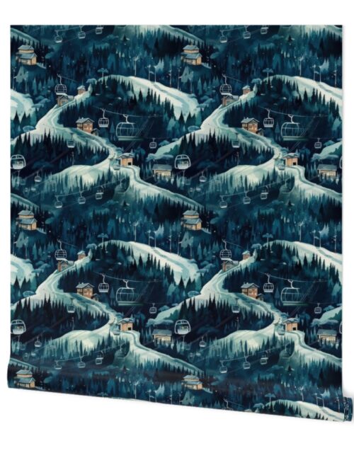 Vintage Ski Slope Cabins in Night Woods Blue Wallpaper
