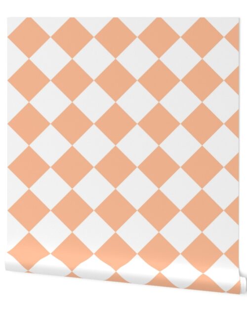 Large Diagonal Diamond Checks in Peach Fuzz Color of the Year 2024 and White Wallpaper