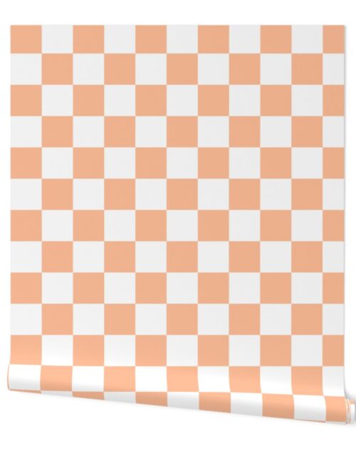 Large Checkerboard Checks in Peach Fuzz Color of the Year 2024 and White Wallpaper