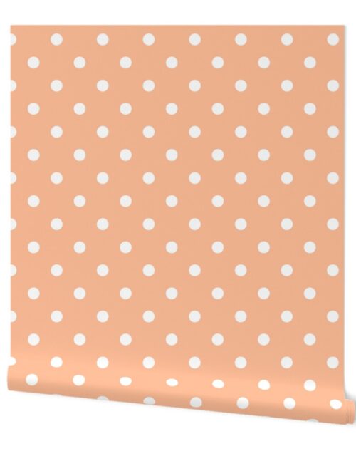Two Inch Polka Dot Spots in Peach Fuzz Color of the Year 2024 and White Wallpaper