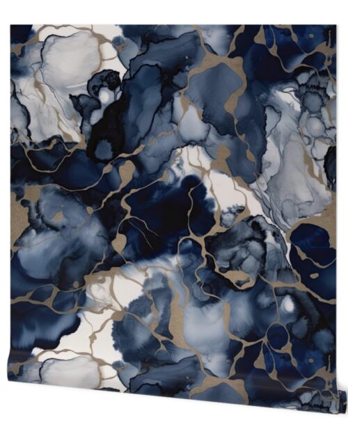 Twilight Navy Blue and Grey with Antique Gold Alcohol Ink Liquid Swirls Wallpaper