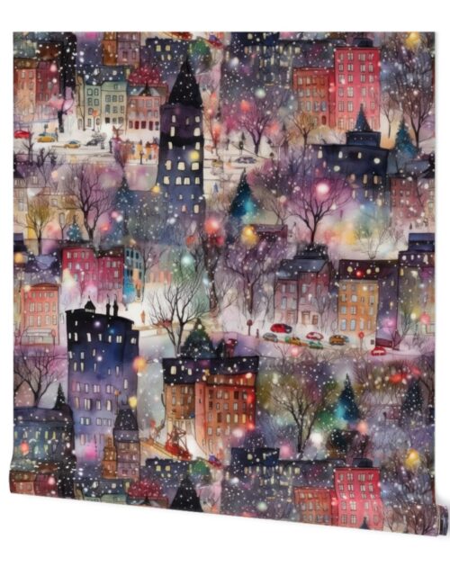 Large New York City Christmas Street Watercolor Wallpaper