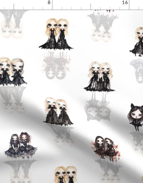 3 inch Big-Eyed Evil Doll Twins in Black with Ghostly Reflection Shadows Fabric