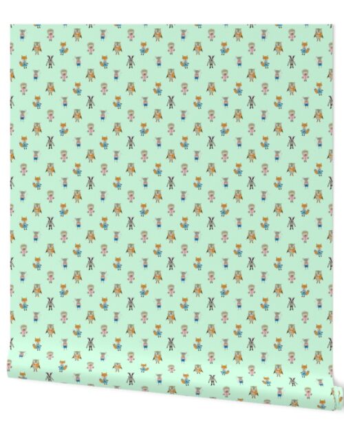 Forest Friends Woodland Animals Water Colors in Mint Green Wallpaper