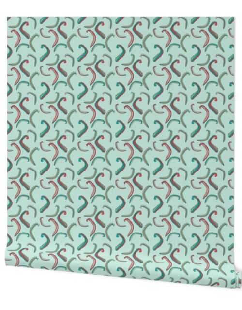 Seaweed Green and Coral Squiggles on Mint Wallpaper