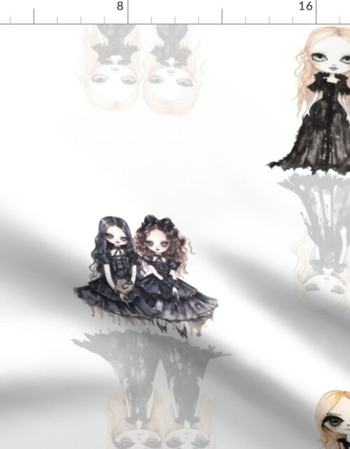 6 inch Big-Eyed Evil Doll Twins in Black with Ghostly Reflection Shadows Fabric