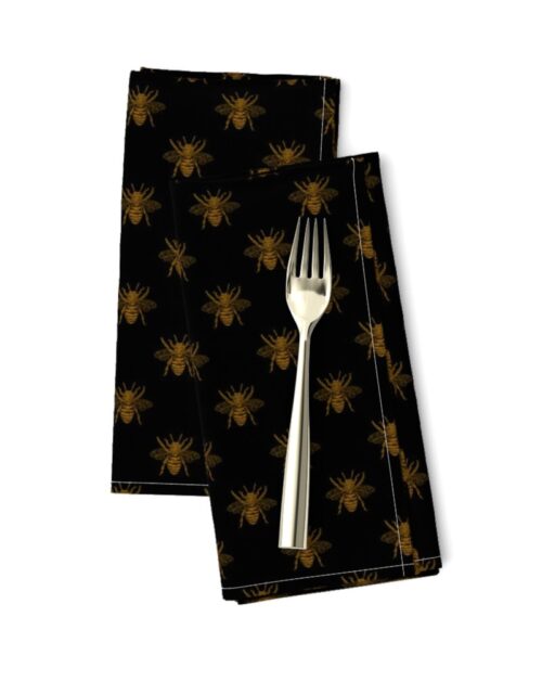 Royal Gold Queen Bees on Black Dinner Napkins