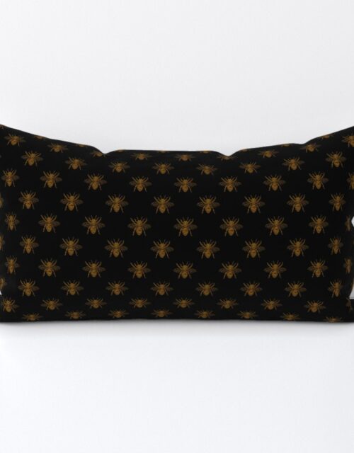 Royal Gold Queen Bees on Black Lumbar Throw Pillow