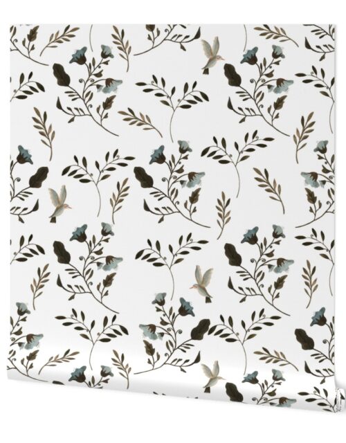 Bluebells and Bluebirds on Natural White Wallpaper