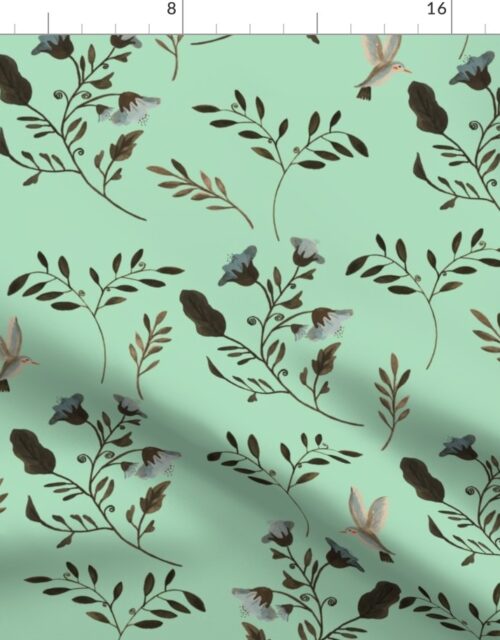Hand-painted Bluebells and Bluebirds Floral Pattern in Mint Fabric