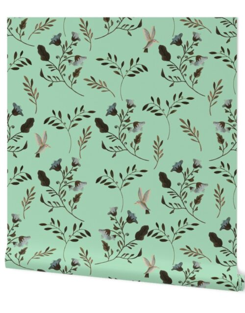 Hand-painted Bluebells and Bluebirds Floral Pattern in Mint Wallpaper