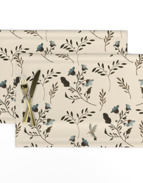 Blue Bluebells and Bluebirds Floral Pattern Cream Placemats