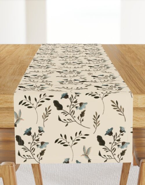 Blue Bluebells and Bluebirds Floral Pattern Cream Table Runner