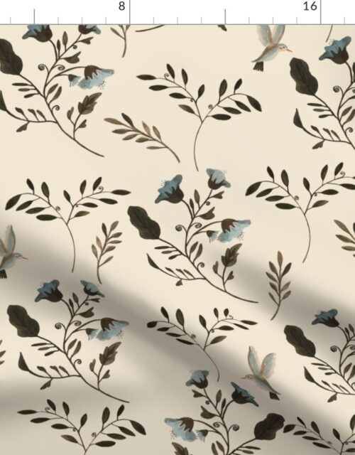 Blue Bluebells and Bluebirds Floral Pattern Cream Fabric
