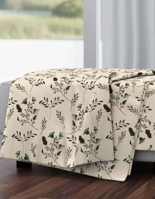 Blue Bluebells and Bluebirds Floral Pattern Cream Throw Blanket