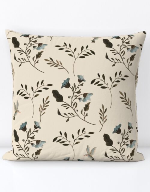 Blue Bluebells and Bluebirds Floral Pattern Cream Square Throw Pillow