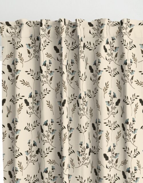Blue Bluebells and Bluebirds Floral Pattern Cream Curtains