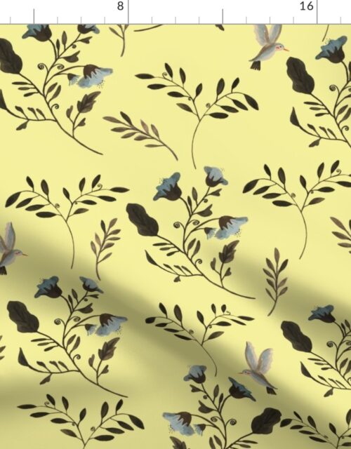 Bluebells and Bluebirds Floral Pattern Flowers in Butter Yellow Fabric