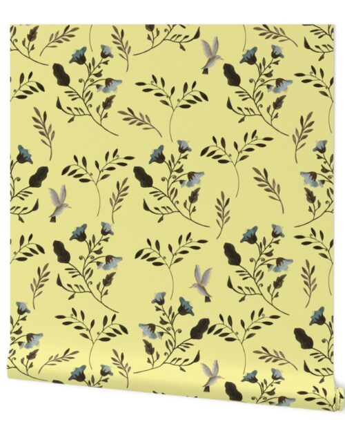 Bluebells and Bluebirds Floral Pattern Flowers in Butter Yellow Wallpaper