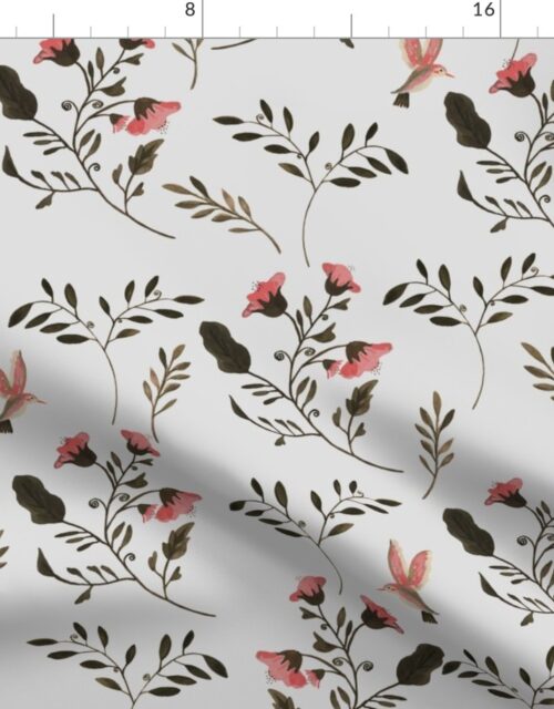 Hand-painted Rose Blossoms and Hummingbirds on Grey Fabric