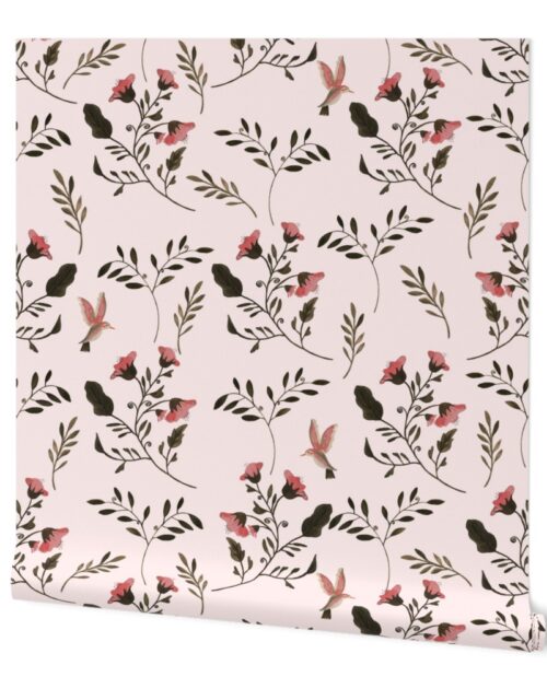 Hand-painted Rose Blossoms and Hummingbirds on Pale Pink Wallpaper