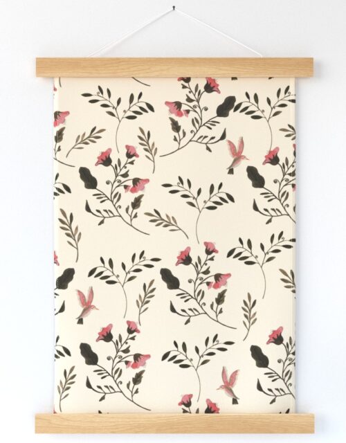 Hand-painted Rose Blossoms and Hummingbirds on Cream Wall Hanging