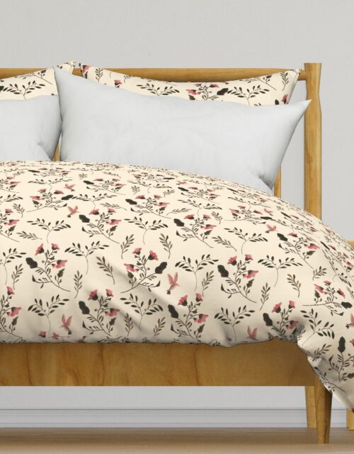 Hand-painted Rose Blossoms and Hummingbirds on Cream Duvet Cover