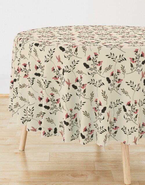 Hand-painted Rose Blossoms and Hummingbirds on Cream Round Tablecloth