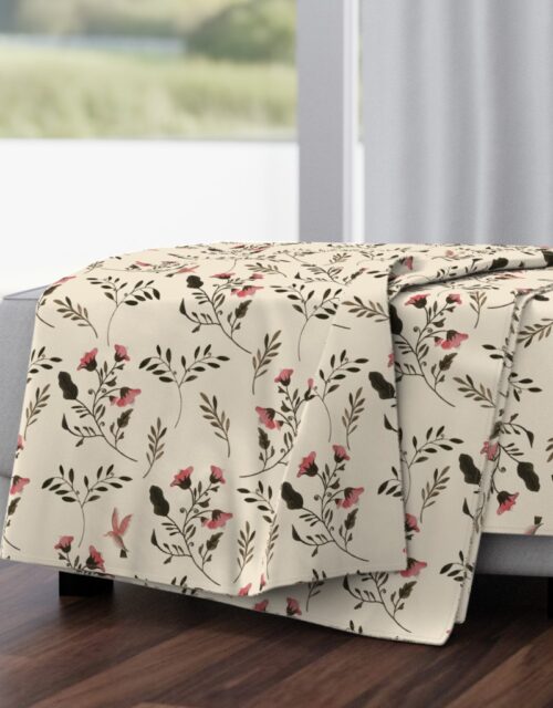 Hand-painted Rose Blossoms and Hummingbirds on Cream Throw Blanket