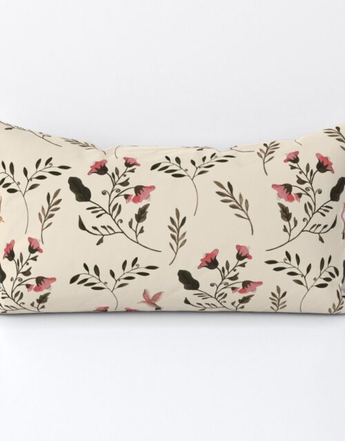Hand-painted Rose Blossoms and Hummingbirds on Cream Lumbar Throw Pillow