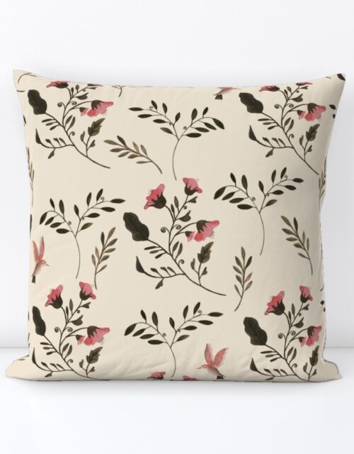 Hand-painted Rose Blossoms and Hummingbirds on Cream Square Throw Pillow