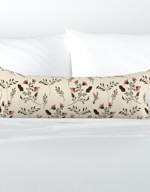 Hand-painted Rose Blossoms and Hummingbirds on Cream Extra Long Lumbar Pillow