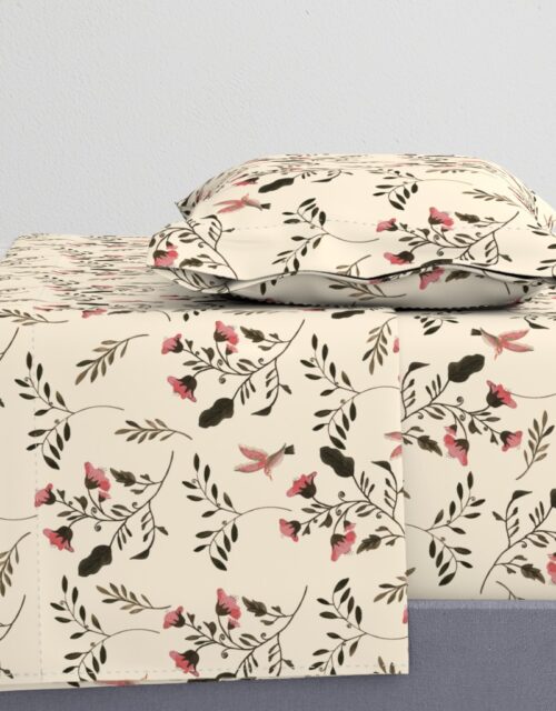 Hand-painted Rose Blossoms and Hummingbirds on Cream Sheet Set