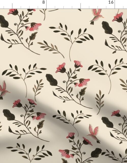 Hand-painted Rose Blossoms and Hummingbirds on Cream Fabric