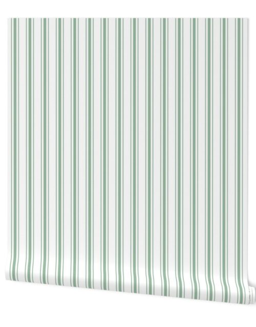 Mattress Ticking Wide Striped Pattern in Moss Green and White Wallpaper