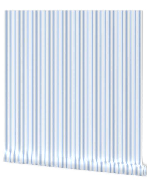 Mattress Ticking Narrow Striped Pattern in Pale Blue and White Wallpaper
